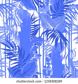 Graphic seamless pattern of exotic leaves and trees. Vector tropical design