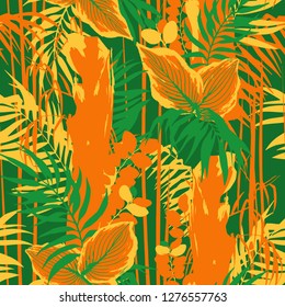 Graphic seamless pattern of exotic leaves and trees. Vector tropical design