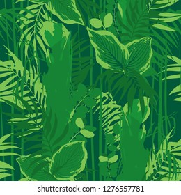 Graphic seamless pattern of exotic leaves and trees. Vector tropical design