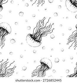 Un patrón gráfico sin fisuras que presenta la vida marina. La ilustración de la medusa está dibujada a mano en tinta. Adecuado para textiles y papel de embalaje.