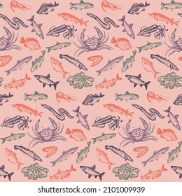 Graphic seamless pattern with fish and seafood elements, vector sketch style hand drawn illustration suitable for textile and web backdrop