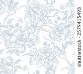 Graphic seamless pattern with flowers and birds. Illustration