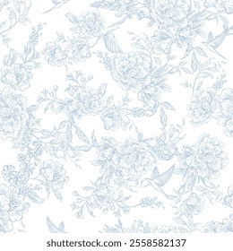 Graphic seamless pattern with flowers and birds. Illustration