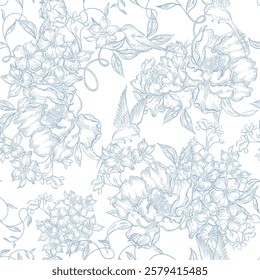 Patrón gráfico sin fisuras con flores y pájaros. Ilustración