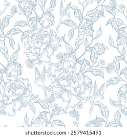 Graphic seamless pattern with flowers and birds. Illustration