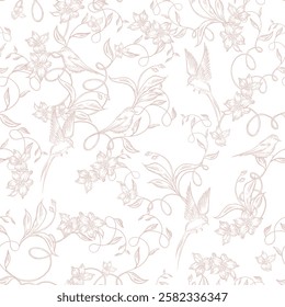 Graphic seamless pattern with flowers and birds. Illustration