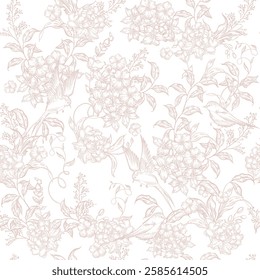 Graphic seamless pattern with flowers and birds. Illustration