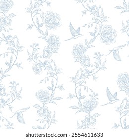 Graphic seamless pattern with flowers and leaves, birds. Illustration 