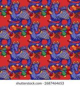 Graphic seamless pattern of a funny blue dragon, inspired by medieval bestiary miniatures. Repeated vector design