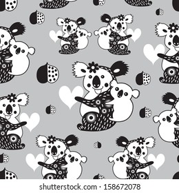 Graphic seamless pattern with funny koalas on a gray background