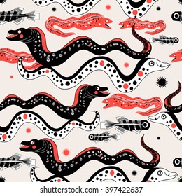 Graphic seamless pattern with funny Moray eels and fish on a light background