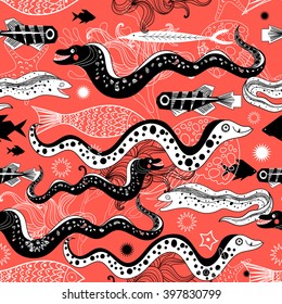 Graphic seamless pattern with funny Moray eels and fishes on red background
