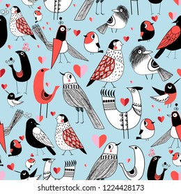 Graphic seamless pattern of funny pictures of birds on a light background.