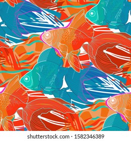 Graphic seamless pattern of goldfishes drawn in line art stile in vivid colors