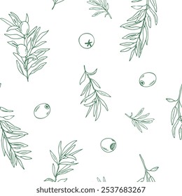 Graphic Seamless Pattern with green Branches of Olives on a white background. Hand drawn Vector illustration. Can be used for textile, wallpaper prints and packaging.