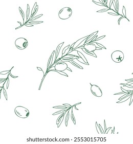 Graphic Seamless Pattern with green Branches of Olives on a white background. Hand drawn Vector illustration. Can be used for textile, wallpaper prints and packaging.
