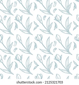 Grafisches, nahtloses Muster mit handgezeichneten Frühlingsblumen, Blättern und Blüten im Skizzenstil. Blumenhintergrund. Drucken Sie für Textilien, Verpackungspapier, Tapete.