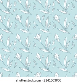 Graphic seamless pattern with hand drawn spring flowers, leaves and petals in sketch style. Floral background. Print for textiles, wrapping paper, wallpaper.