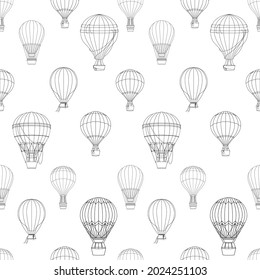 Graphic seamless pattern with hot air balloons. Hand drawn vector illustration for wrapping, scrapbooking, textile, wallpaper, fabric and another print.