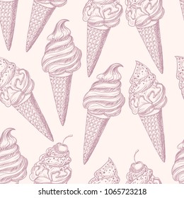 Graphic seamless pattern with ice cream in delicate pink color. Vector illustration.