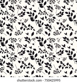 Graphic seamless pattern with the image of black and white branches and flowers. Vector illustration.
