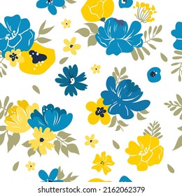 Patrón gráfico sin fisuras con la imagen de flores azules y amarillas. Ilustración vectorial. Aislado.