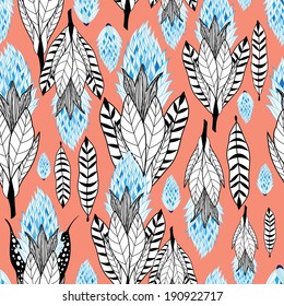 Graphic seamless pattern with leaves on a red background 