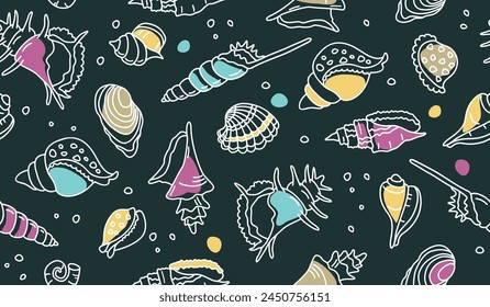 Graphic seamless pattern with outline of seashells and colorful spots.Underwater animals background or texture for printing on fabric and paper.Vector design for card,wallpaper,cover,nursery,packaging