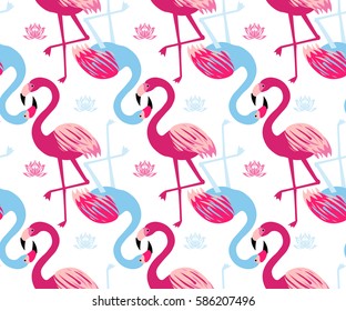 Graphic seamless pattern with pink Flamingos in vector on white background. Tropical illustration of nature wildlife animal planet. Isolated flamingo bird design