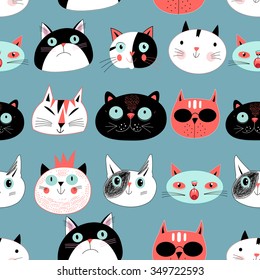 Graphic seamless pattern portraits of cats on a blue background