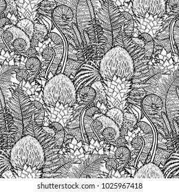 Graphic seamless pattern of prehistoric plants. Vector exotic art drawn in engraving technique. Coloring book page design