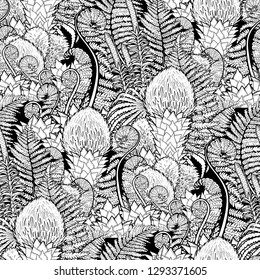Graphic seamless pattern of prehistoric plants. Vector exotic art drawn in engraving technique. Coloring book page design