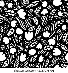 Graphic seamless pattern print of flowers. Vector flat hand drawn illustration. For fabric, wallpaper, wrapping paper.