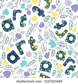 Graphic seamless pattern print from lettering art and flowers. Vector flat hand drawn illustration. For fabric, wallpaper, wrapping paper.