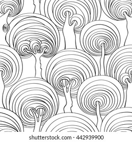 Graphic seamless pattern of psychedelic crazy trees. Adult antistress coloring book page.