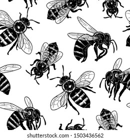 Graphic seamless pattern of realistic drawn honey bees. Vector repeated  design