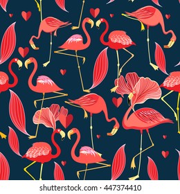 Graphic seamless pattern of red flamingo on a dark background