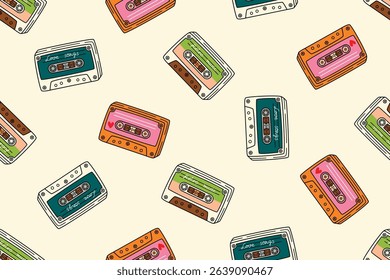 Graphic seamless pattern with retro music cassette tape. Partially colored doodle elements on white background. Vintage vector designs set for textile, wrapping paper,endless wallpaper, cover.