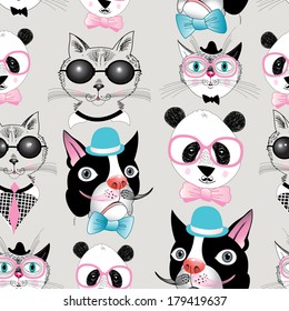 Graphic seamless pattern of retro portraits of various animals  