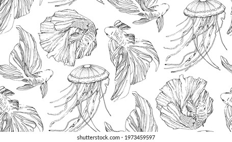 graphic seamless pattern with siamese fighting fish and jellyfish. Black and white vector.