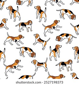 Graphic seamless pattern with spotted dog.Animal background with black outline on white.Pets are drawn in different poses.Cute print on fabric and paper.Vector design for textile,packaging,wallpaper.