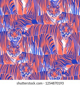 Graphic seamless pattern of standing and walking tigers. Vector trendy design