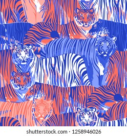 Graphic seamless pattern of standing and walking tigers. Vector trendy design