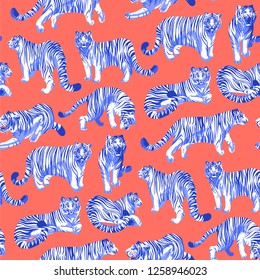 Graphic seamless pattern of tigers in different poses. Vector trendy design