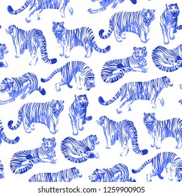 Graphic seamless pattern of tigers in different poses. Vector trendy design