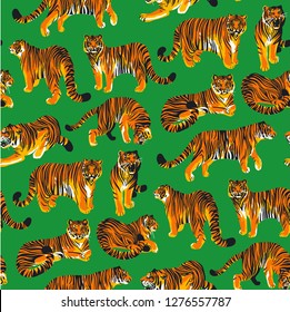 Graphic seamless pattern of tigers in different poses. Vector trendy design