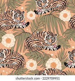 Graphic seamless pattern of tigers, palm leaves, and flowers. Beautiful illustration in delicate colors.