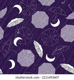 Graphic seamless pattern of umbrellas with rain on the night sky