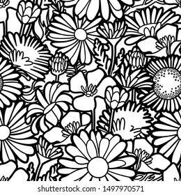 Graphic seamless pattern of wild meadow flowers. Vector repeated  design
