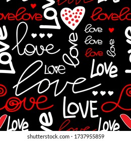 Patrón gráfico sin fisuras con la palabra amor y corazones abstractos en un fondo negro. Ilustración vectorial.